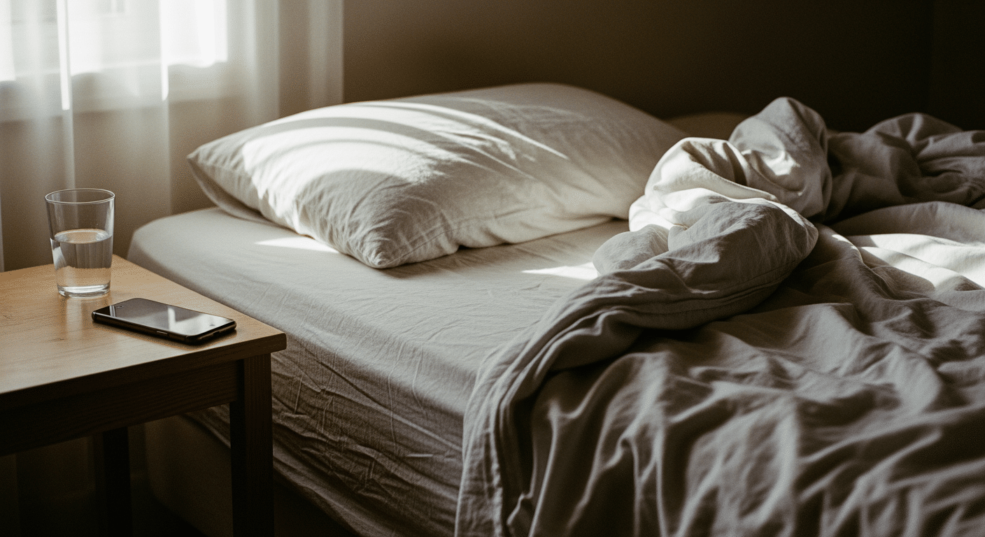 Ungemachtes Bett im weichen Morgenlicht, ein Glas Wasser und ein umgedrehtes Smartphone auf dem Nachttisch