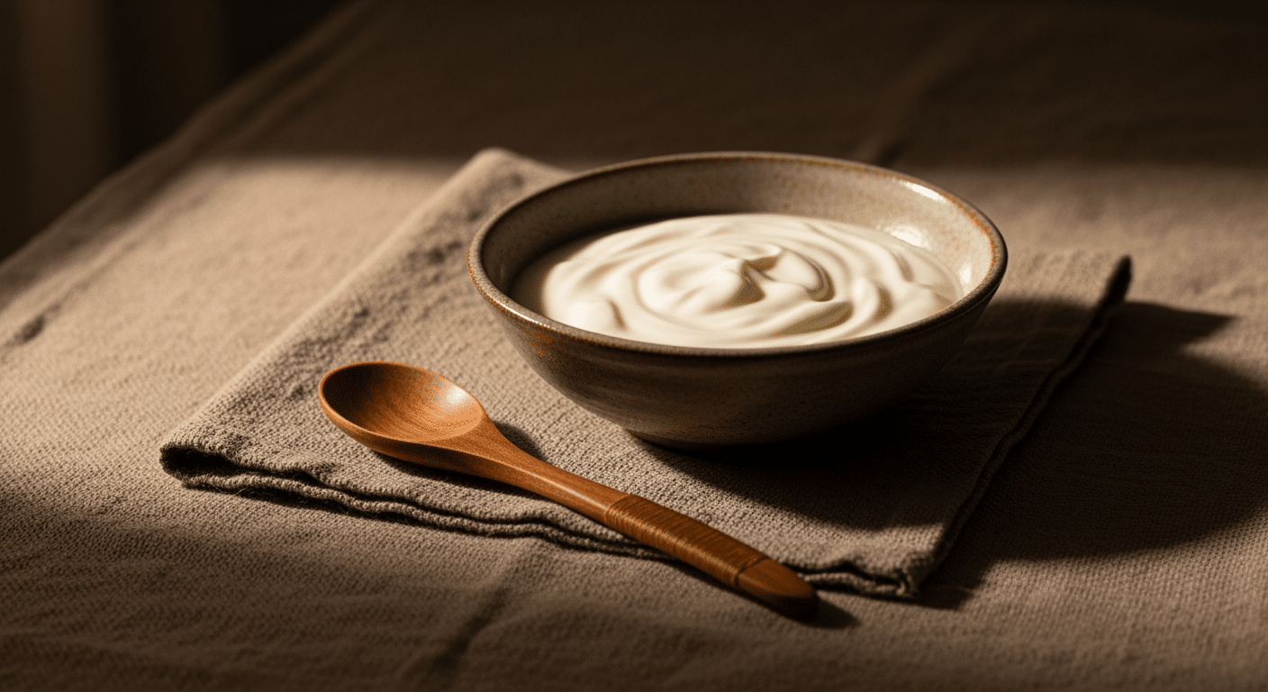 Keramikschale mit Joghurt auf Leinenunterlage, weiches Tageslicht