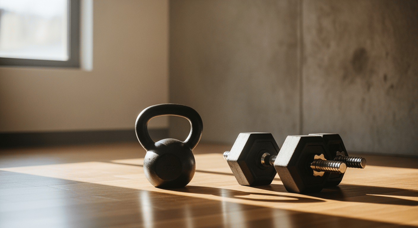 Kettlebell und Kurzhanteln auf einem Holzboden im Morgenlicht