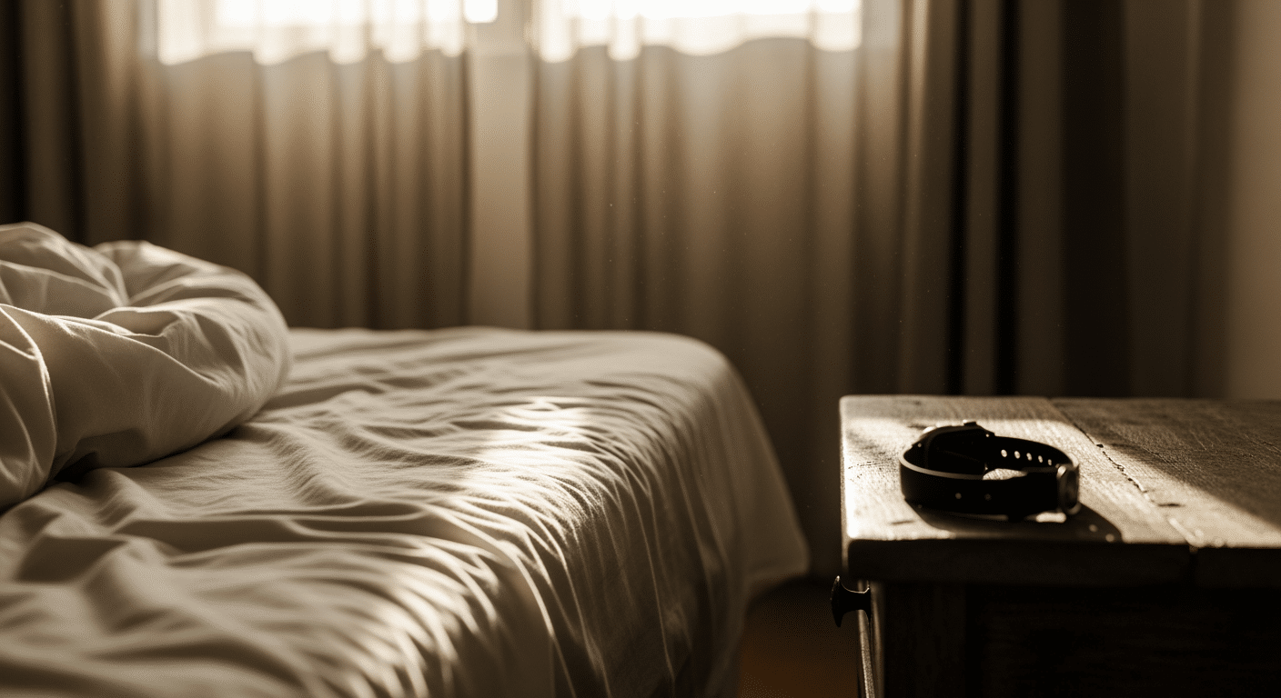 Leeres Bett im Morgenlicht mit Smartwatch auf dem Nachttisch